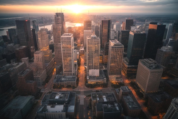 rzeczywistość fotograficzna Widok z góry na zdjęcie budynków biurowych o zachodzie słońca