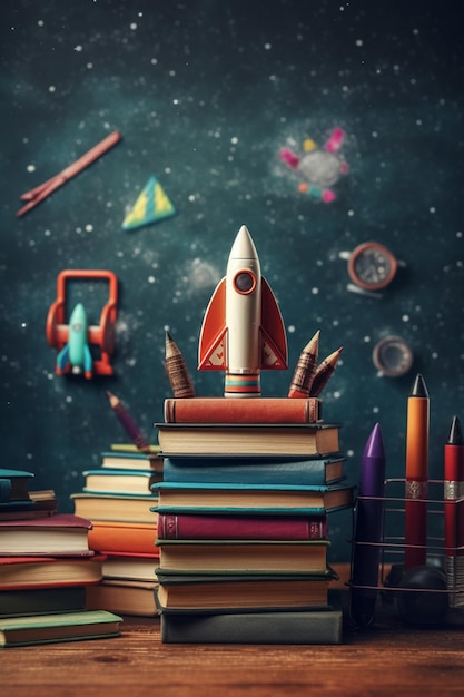 Zdjęcie rzeczywistość martwa z stosem książek i rakietą na biurku dziecka wygenerowana przez sztuczną inteligencję