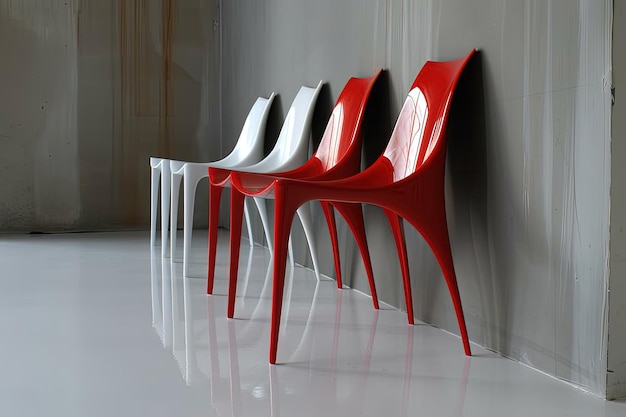 Zdjęcie rzęd czerwonych i białych krzeseł obok ściany