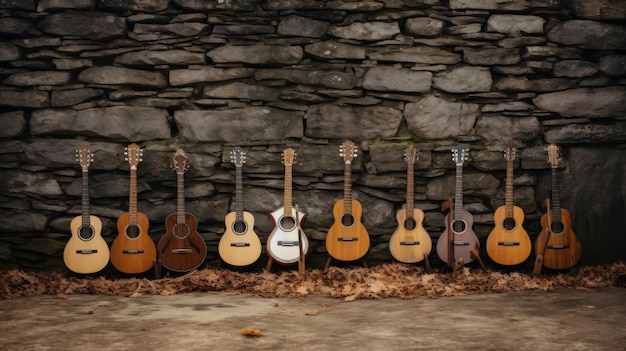 Rzęd gitar opierający się o kamienną ścianę stojący wysoko i gotowy do serenady