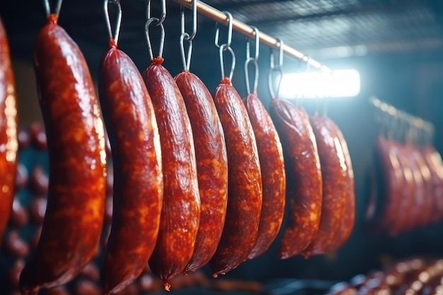 Zdjęcie rzęd kiełbas zawieszonych na stojaku przemysłowe palenie kiełbas i produktów mięsnych w fabryce kiełbasy w dymniaku pyszne kiełbaski