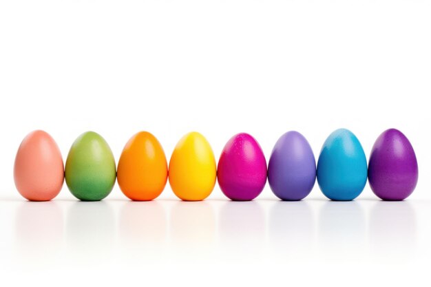 Rzęd kolorowych jajek wielkanocnych odizolowanych na białym tle z ścieżką wycinania