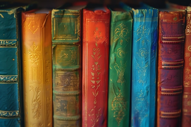 Rzęd kolorowych książek na półce