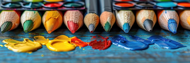 Zdjęcie rzęd kolorowych narzędzi do pisania na drewnianym stole