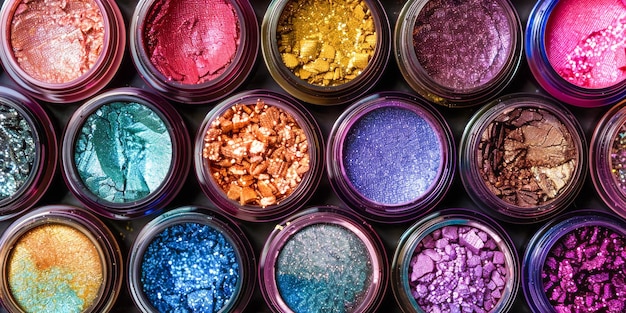 Zdjęcie rzęd kolorowych pojemników na makijaż o różnych odcieniach