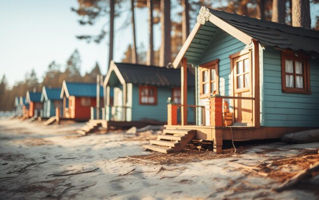 Rzęd małych domków położonych na śnieżnym krajobrazie