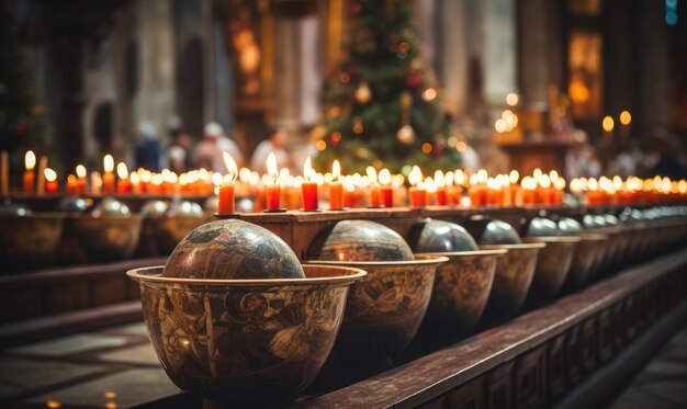 Zdjęcie rzęd misek wypełnionych świecami na górze stołu