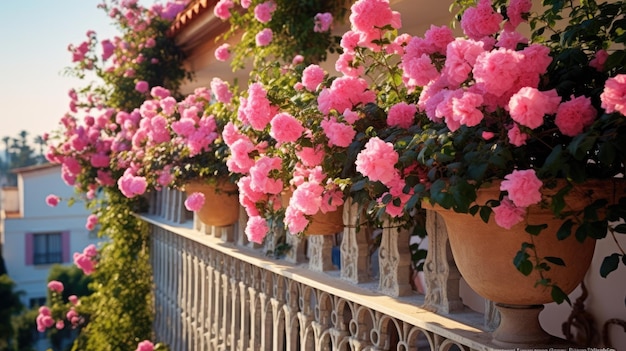 Rzęd różowych kwiatów na balkonie