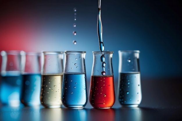 Zdjęcie rzęd rurki testowej koncepcja kropli płynnej w laboratorium medycznym lub naukowym z kroplówką w kolorze niebieskim