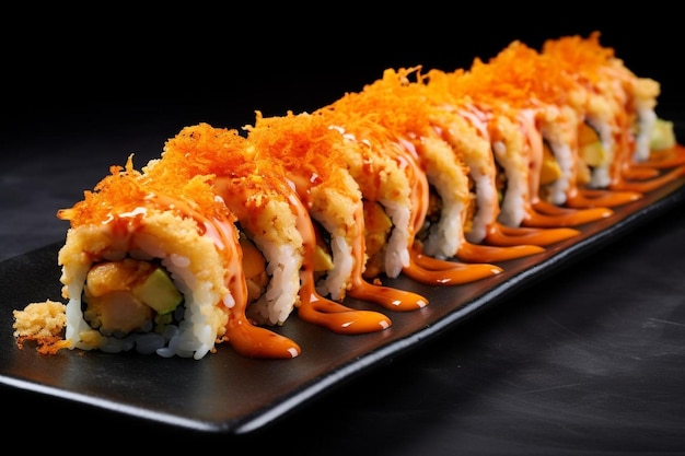 rzędę rolek sushi z marchewkami i selerem na nich