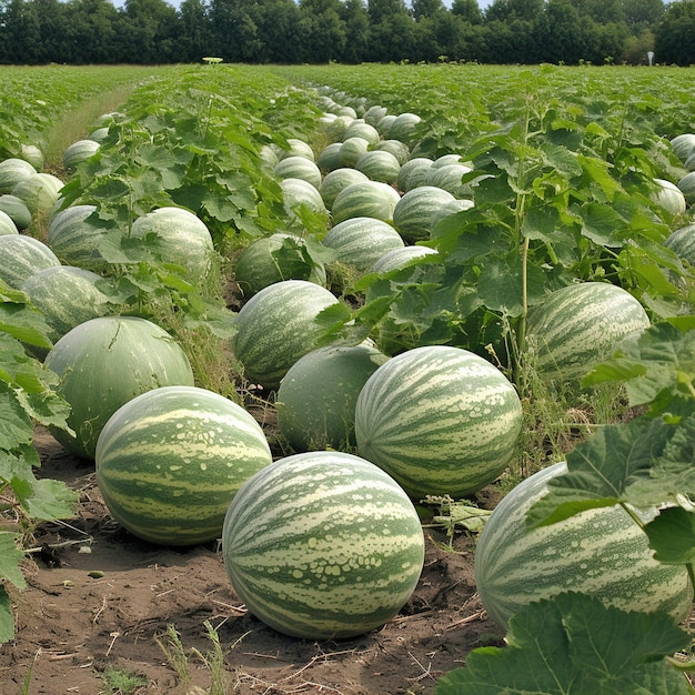 Rzędy arbuzów na polu z zielonymi liśćmi