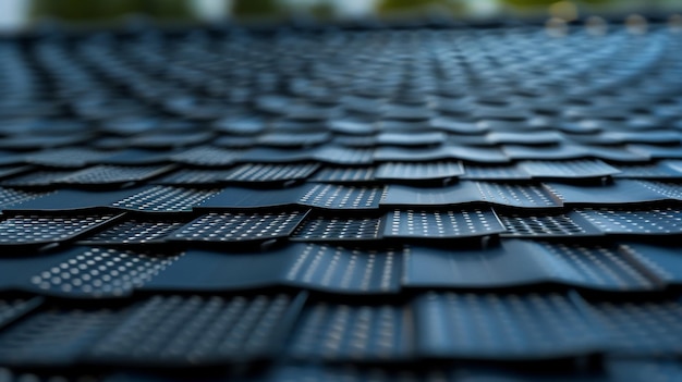 Rzędy eleganckich ciemnych paneli pokrywają powierzchnię dachu, wykorzystując energię słońca.