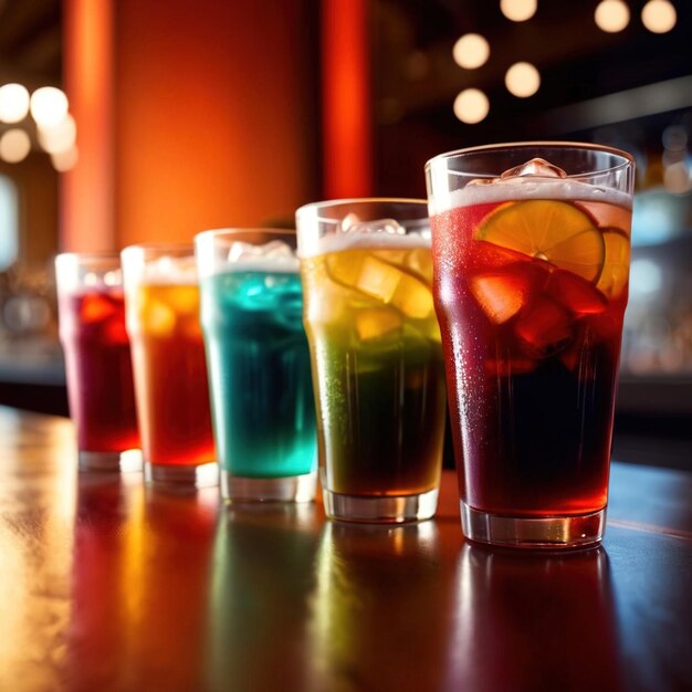 Rzędy kolorowych zimnych napojów letnia impreza odświeżająca w barze