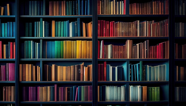 Rzędy książek na półkach w bibliotece Rozwijająca się przestrzeń Al generowany