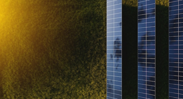 Rzędy paneli słonecznych o zachodzie słońca na polu na tle zielonej trawy Elektrownia naziemna alternatywnej energii elektrycznej