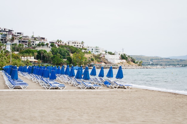 Rzędy pustych niebieskich leżaków i parasoli na plaży. Camel Beach w Turcji.
