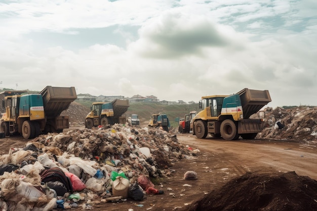 Zdjęcie rzędy śmieciarek wjeżdżających na wysypisko przywożą nowe odpady
