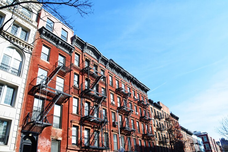 Zdjęcie rzędy tradycyjnych czerwonych cegieł z wyjściami przeciwpożarowymi w east village na manhattanie w nowym jorku
