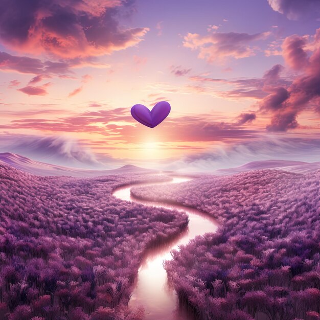 Rzeka biegnie przez fioletowe pole z sercem w środku.