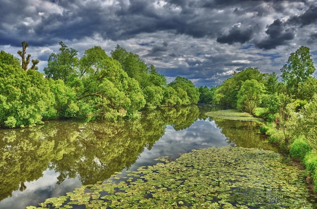 Rzeka Fulda w HDR Park Aueweiher w Fuldzie Hesja Niemcy