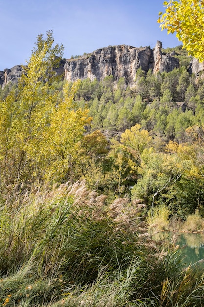 Rzeka Jucar jesienią w Cuenca, Castilla La Mancha w Hiszpanii. Jesienny krajobraz z pełnymi drzewami