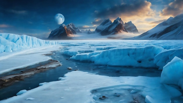 rzeka lodu z masywnym lodowcem po jednej stronie i księżycem wznoszącym się nad górami w tle