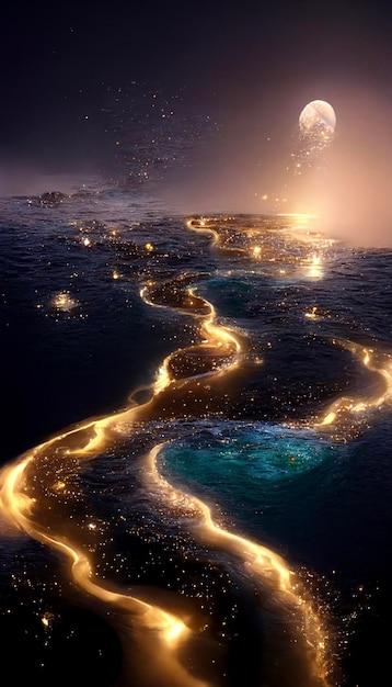 Rzeka na środku oceanu w nocy generatywne ai