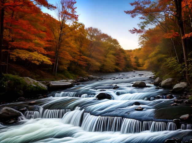Rzeka objętościowa jesienią prezentująca piękne pastelowe tony Generatywne AI Generowane