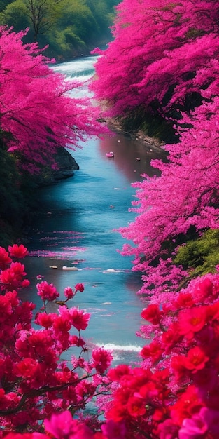 Rzeka przepływa przez las różowych kwiatów