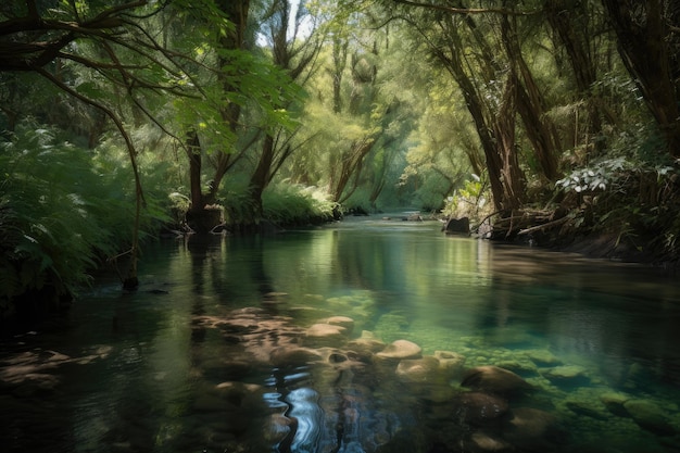 Rzeka przepływa przez las z czystą wodą i bujną roślinnością stworzoną za pomocą generatywnej ai