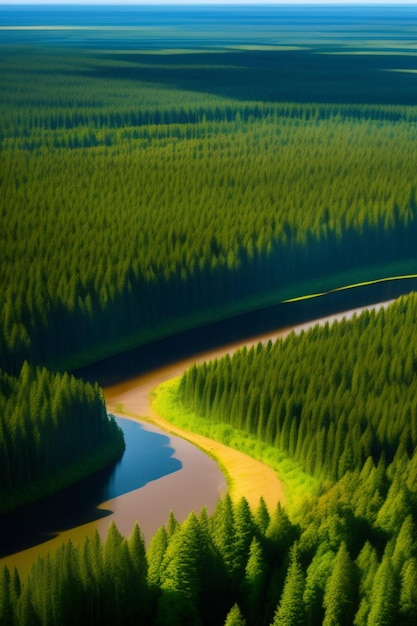 Rzeka przepływa przez las z zielonym lasem na pierwszym planie.
