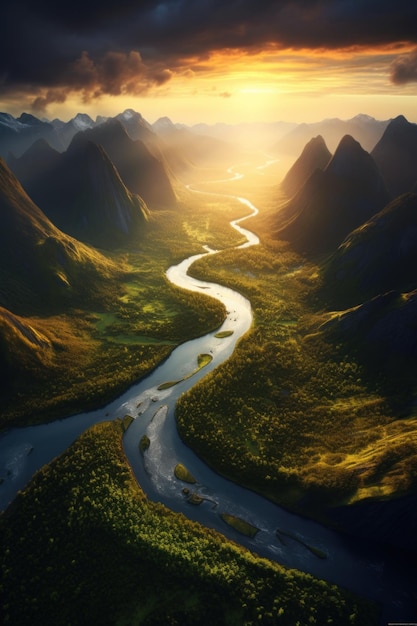 Rzeka przepływająca przez bujną zieloną dolinę generatywnego obrazu ai