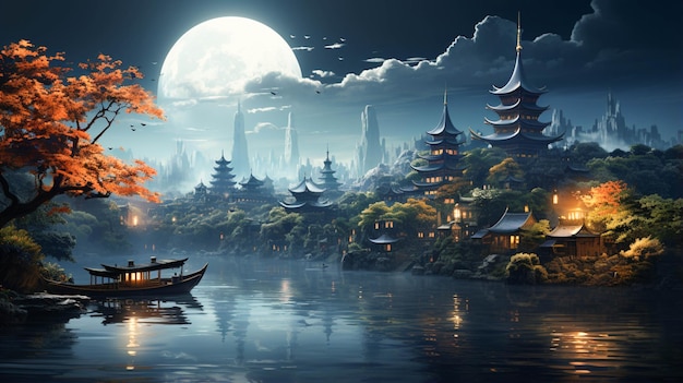Rzeka qinhuai w nocnym krajobrazie Nanjing oświetlonym księżycem