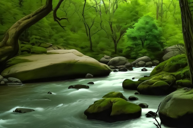 Rzeka w lesie z zielonymi drzewami i słowo rzeka