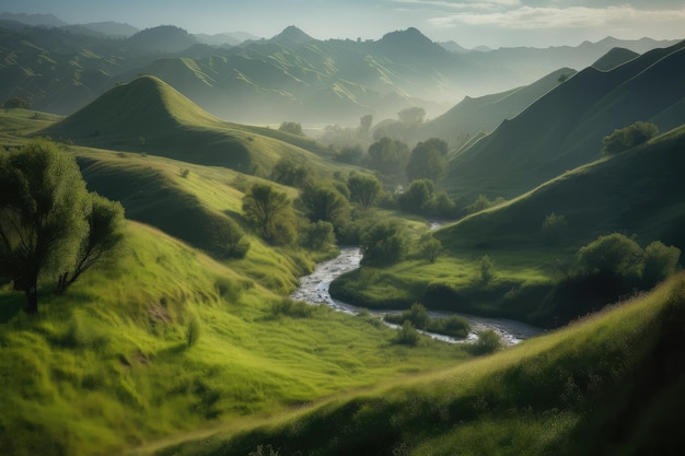 Rzeka wijąca się przez zielone wzgórza pod szerokim niebem i mglistymi górami generatywnymi IA