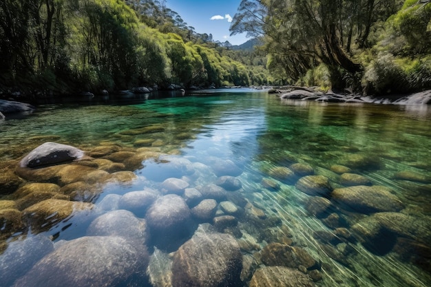 Zdjęcie rzeka z krystalicznie czystą wodą i bogatą dziką przyrodą stworzona dzięki generatywnej sztucznej inteligencji