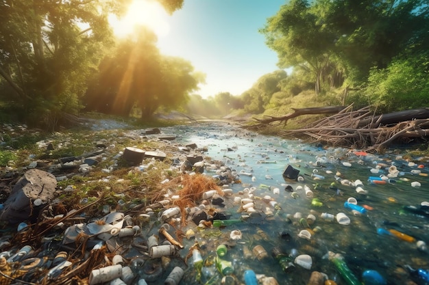 Rzeka z plastikowymi butelkami i rzeka, na której świeci słońce