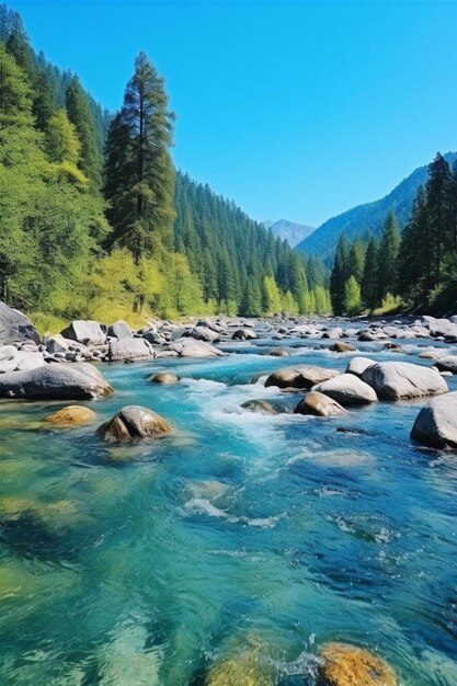 Zdjęcie rzeka z skałami i drzewami na tle