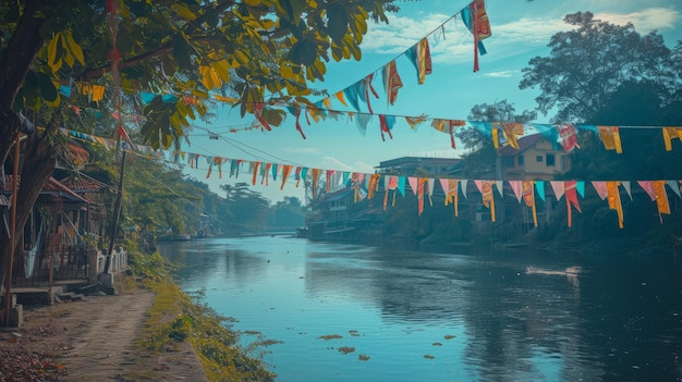 Zdjęcie rzeka z wieloma flagami wiszącymi nad nią dzień św. patryka