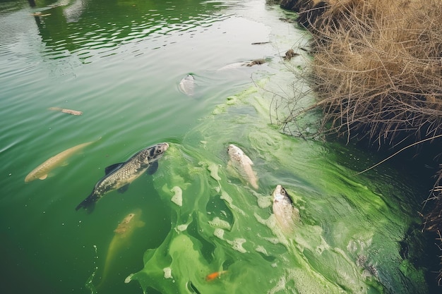 Rzeka zanieczyszczona odpadami przemysłowymi Woda jest zielona i śliska, a na powierzchni pływają martwe ryby.