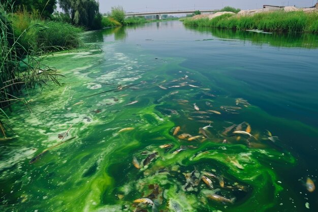 Rzeka zanieczyszczona odpadami przemysłowymi Woda jest zielona i śliska, a na powierzchni pływają martwe ryby.