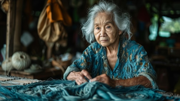 Rzemieślnicy wykonani z bawełny indigo Starsza kobieta bada nitkę bawełnianą Miejscowi rzemieślnici tkają bawełnę indigo od pokoleń