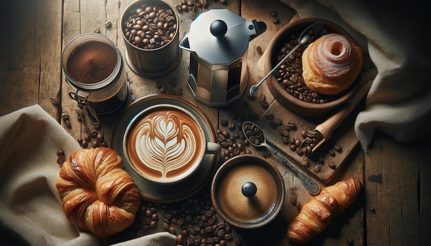 Zdjęcie rzemieślnicza kawa i świeże croissanty na rusztycznym drewnianym stole