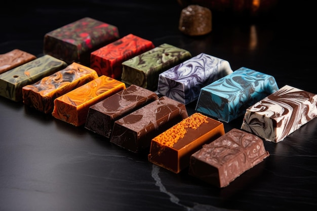 Rzemieślnicze tabliczki czekoladowe o różnych smakach stworzone za pomocą generatywnej sztucznej inteligencji