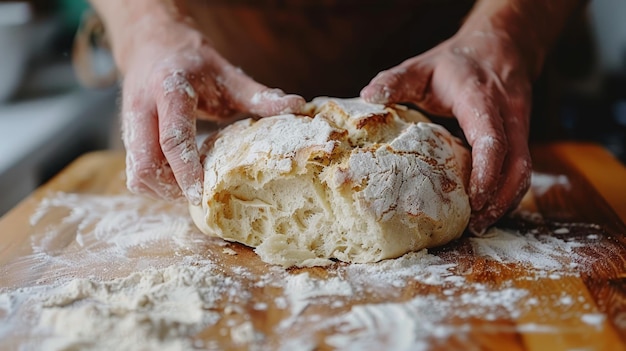 Rzemieślniczy piekarz ręcznie knie świeże ciasto na drewnianej desce z mąką do pieczenia domowego chleba