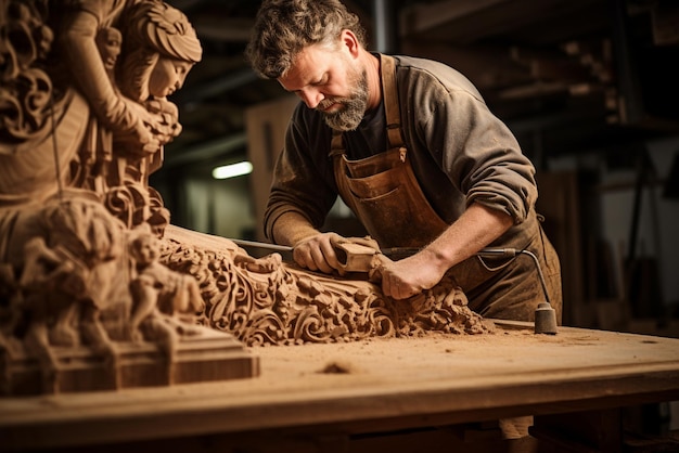 Rzemieślnik tworzący kawałek drewna