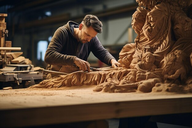 Zdjęcie rzemieślnik tworzący kawałek drewna