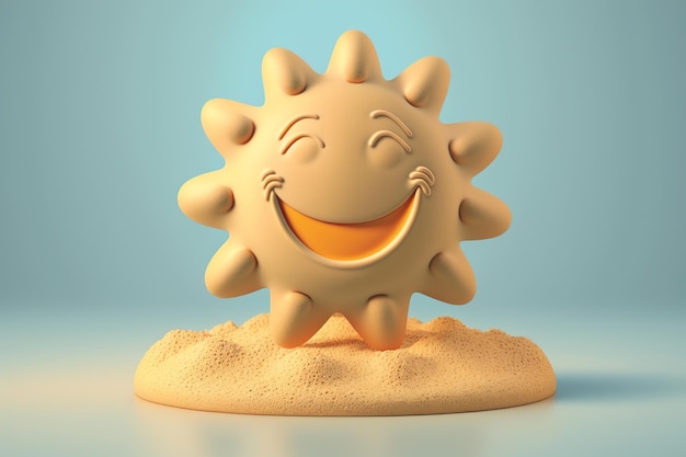 Rzeźba 3D cute szczęśliwy słońce z buźką 3D styl plastelina ciasto gliniane ilustracja kreskówka