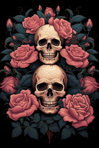 Zdjęcie rzeźba czaszki na węglu z różowymi różami estetyczna na halloween