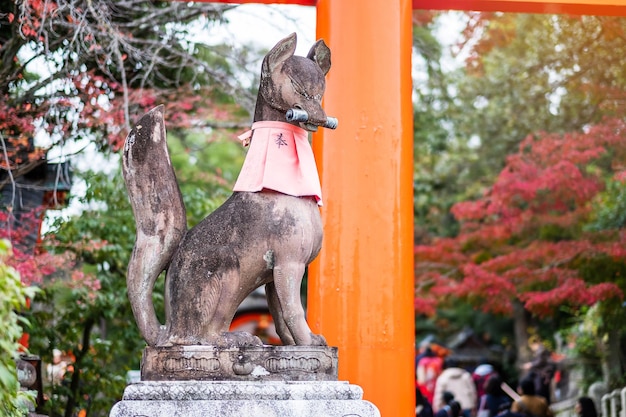 Rzeźba lisa w świątyni Fushimi Inaritaisha w sezonie jesienno-jesiennym znajduje się w punkcie orientacyjnym Fushimiku i jest popularna wśród atrakcji turystycznych w Kioto Kioto Japonia 27 listopada 2019